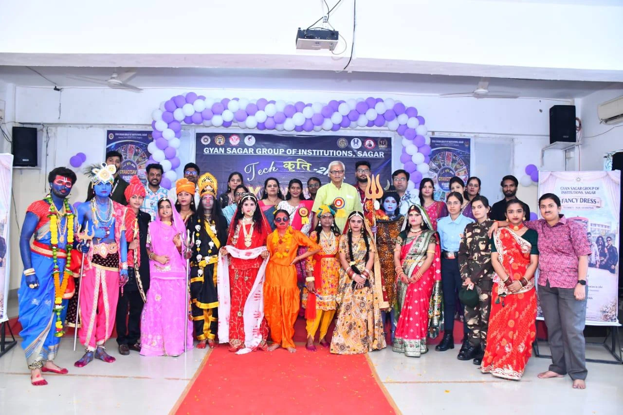 Fancy dress competition with students in colourful costumes